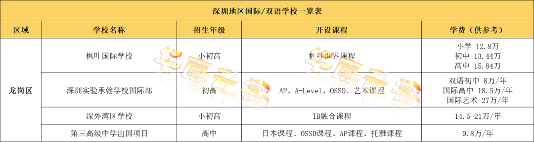 深圳龍崗區(qū)國際化學校學費匯總